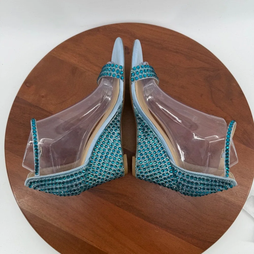 Betsey Johnson SB-DEBIE Wedge Sandals Womens Blue Rhinestone Crystal 9.5M